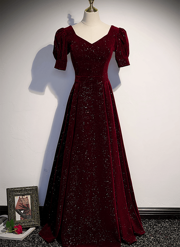 Wine Red Short Sleeves Velvet Long Formal Dress, Wine Red Evening Dress Prom Dress