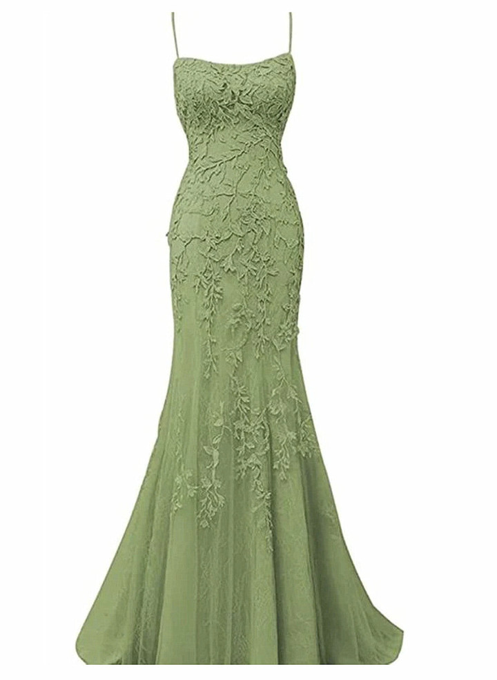 Sage Green Mermaid Long Prom Dress with Lace,  Spaghetti Straps Evening Dress