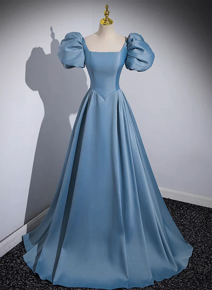 Blue Satin Short Sleeves Long Prom Dress, Blue A-line Party Dress Evening Dress