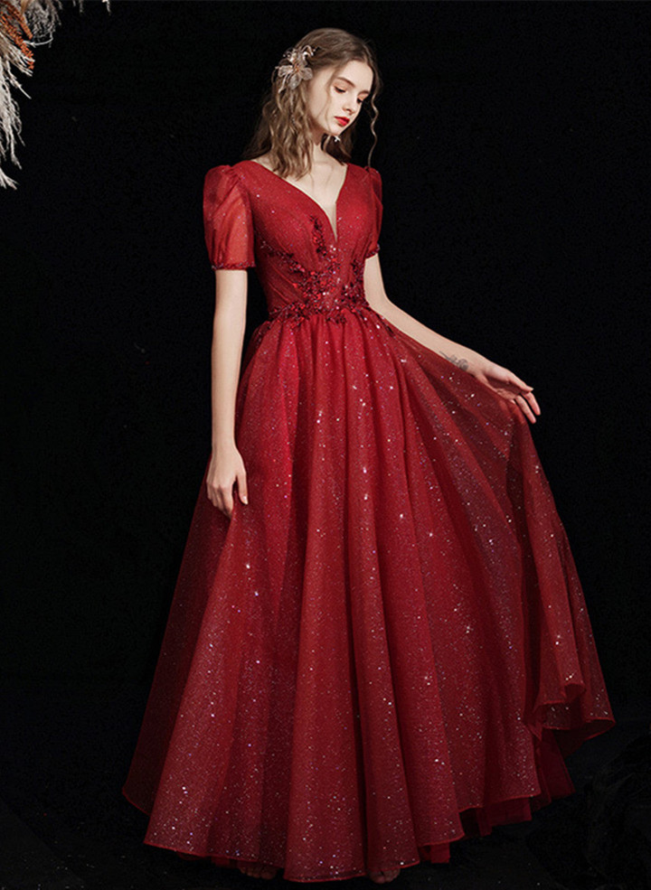 Wine Red Short Sleeves Tulle V-neckline Long Prom Dress, Wine Red Evening Dress