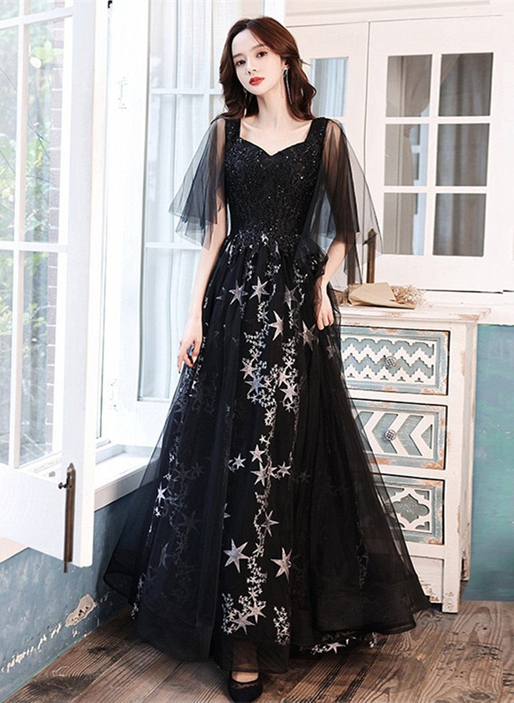 Black Beaded Straps A-line Floor Length Party Dress, Black Tulle Long Prom Dress