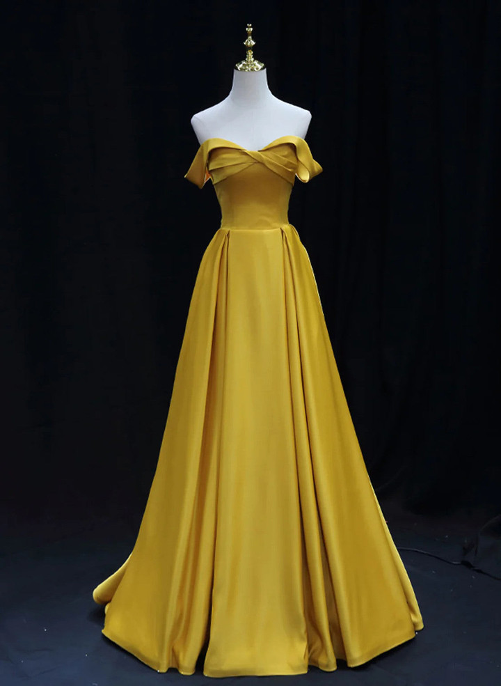 Yellow A-line Simple Satin Off Shoulder Prom Dress, Yellow Satin Formal Dress