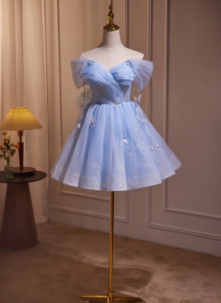 A-line Blue Short Off Shoulder Knee Length Homecoming Dress, Blue Short Prom Dress
