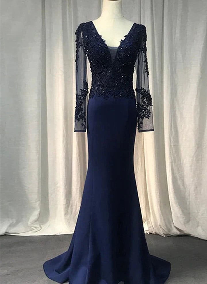 Navy Blue Spandex Long Sleeves Mermaid Evening Dress, Navy Blue Prom Dress