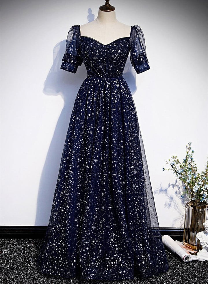 Navy Blue Simple Tulle Short Sleeves Prom Dress, Navy Blue Long Evening Dress