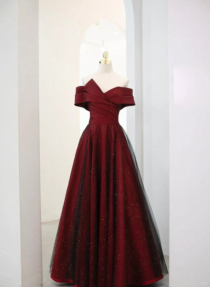 A-line Off Shoulder Wine Red Tulle Long Party Dress, Wine Red and Black Prom Dress