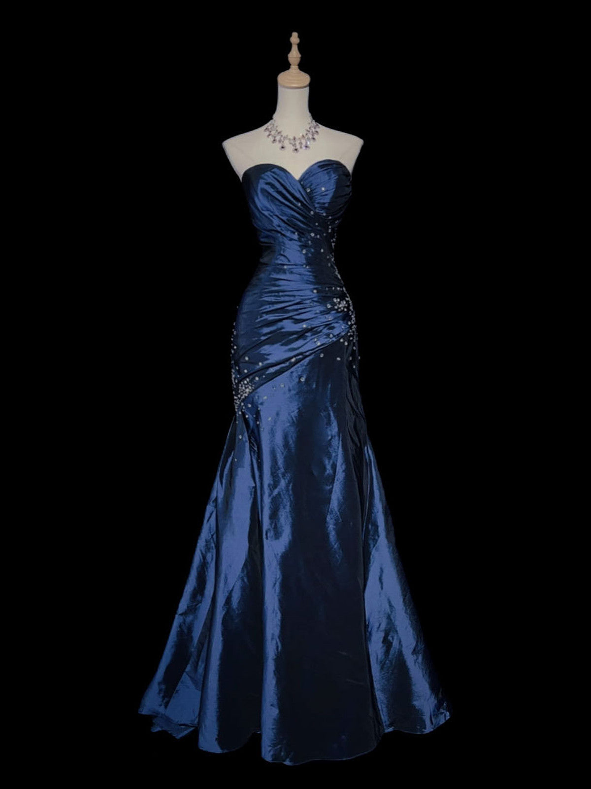 Blue Beaded Taffeta Sweetheart Mermaid Prom Dress, Blue Long Lace-up Evening Dress