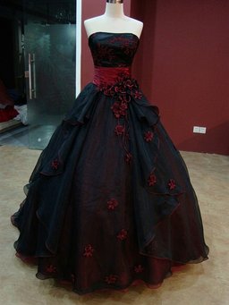 Gothic Black and Red Flowers Ball Gown Strapless Formal Dress,  Black and Red Long Quinceanera Dress