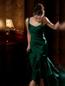 Green Satin Prom Dress Long Ruffle Evening Gown, Spaghetti Straps Formal Party Dress