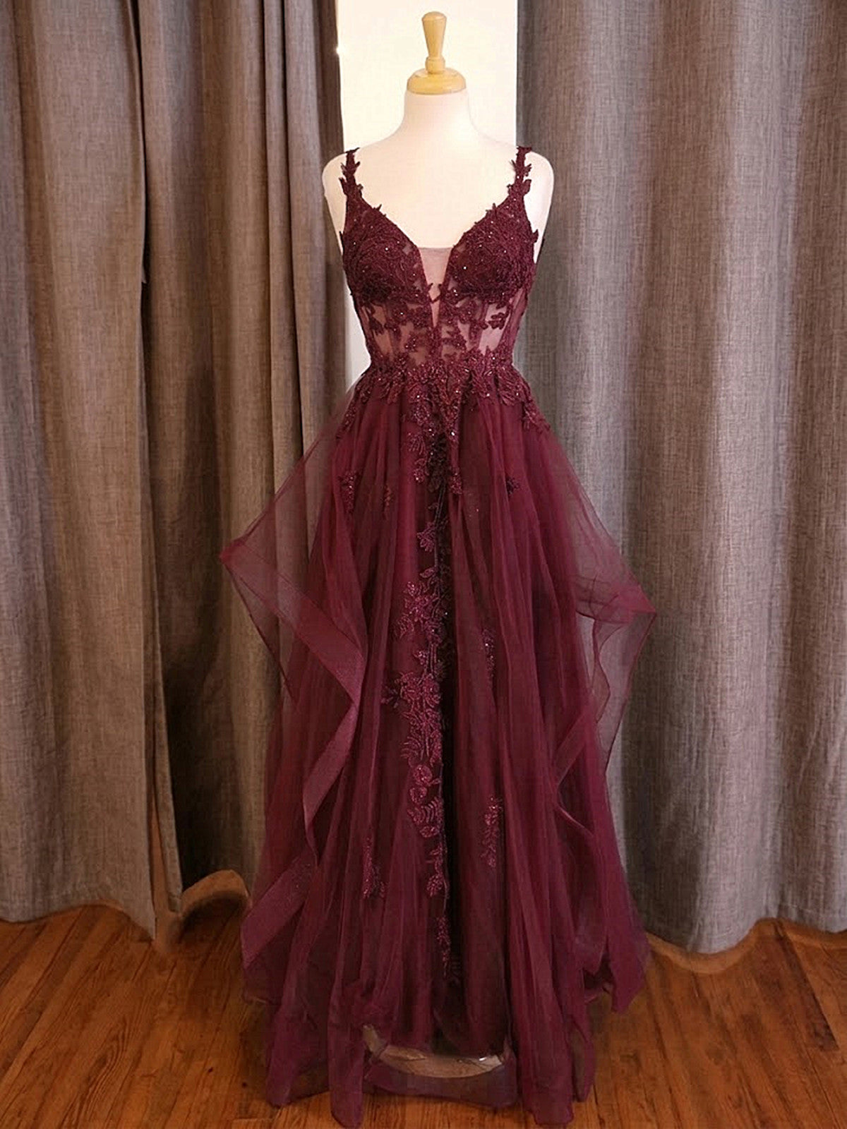 Wine Red Straps Deep V Neck Ruffles Long Prom Dress, Wine Red Lace-up Tulle Party Dress