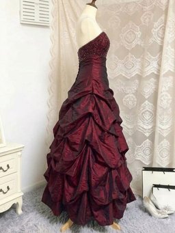 Wine Red Taffeta Beaded Strapless Ruched Prom Dress, Wine Red Sweetheart Long Ball Gown Evening Dress