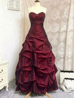 Wine Red Taffeta Beaded Strapless Ruched Prom Dress, Wine Red Sweetheart Long Ball Gown Evening Dress