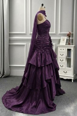 Purple Satin Straps Layers Long Prom Dress with Flowers, Purple High Low Formal Dress