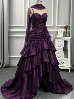 Purple Satin Straps Layers Long Prom Dress with Flowers, Purple High Low Formal Dress