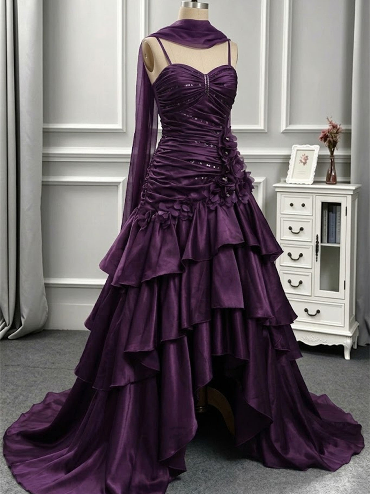 Purple Satin Straps Layers Long Prom Dress with Flowers, Purple High Low Formal Dress