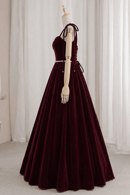 Wine Red Velvet Sweetheart A-Line Evening Gown, Wine Red Formal Prom Dress with Pearl Belt
