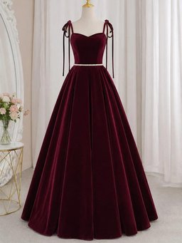 Wine Red Velvet Sweetheart A-Line Evening Gown, Wine Red Formal Prom Dress with Pearl Belt