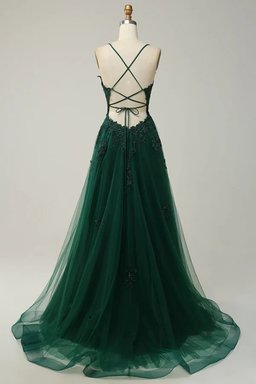 Lovely V-neckline Green Tulle with Lace Applique Prom Dress, Green Straps Long Formal Dress