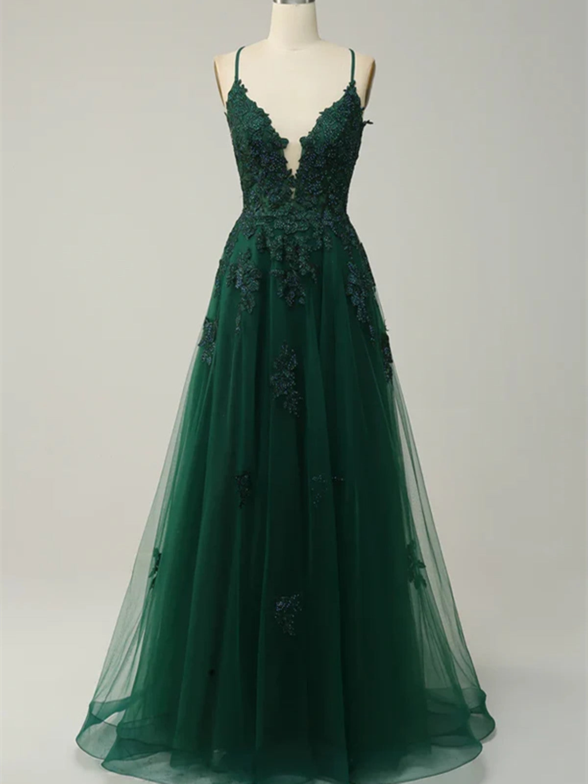 Lovely V-neckline Green Tulle with Lace Applique Prom Dress, Green Straps Long Formal Dress