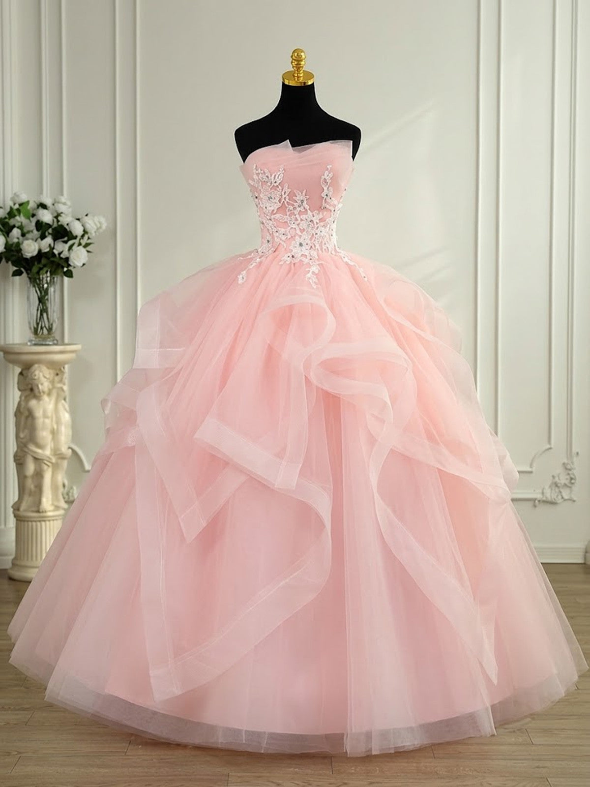 Pink Ball Gown Tulle Strapless Long Formal Dress with Lace, Pink Tulle Sweet 16 Gown