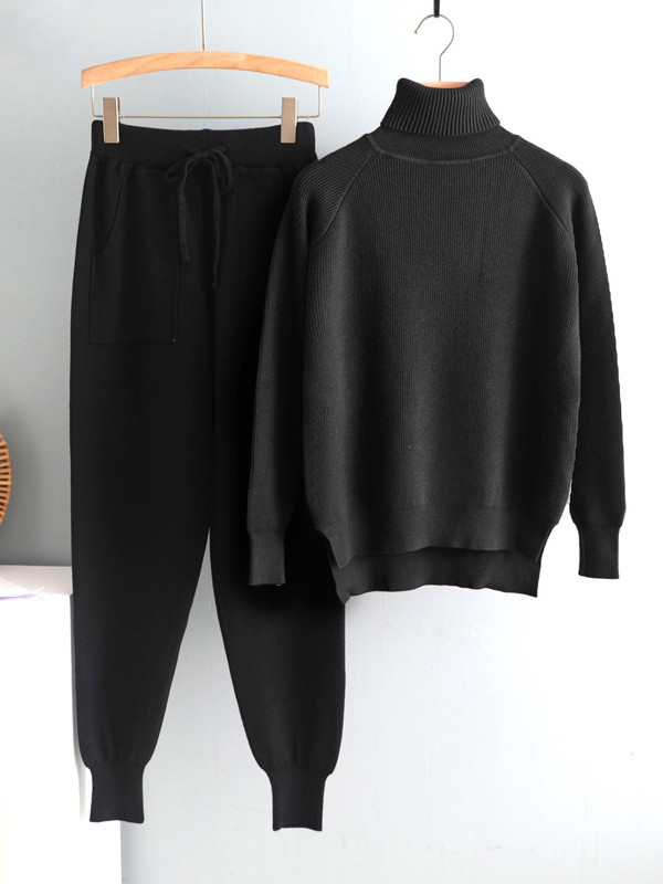 2 Pieces Set Knitted Tracksuit Turtleneck Sweater