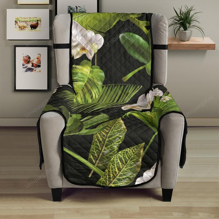 White Orchid Flower Tropical Leaves Pattern Blackground Chair Cover Protector