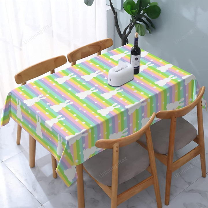 Bunny Print On Colorful Striped Background Easter Gift Tablecloth Home Decor