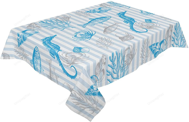 Hand Drawn Sea Creatures On Striped Background Design Tablecloth Home Decor