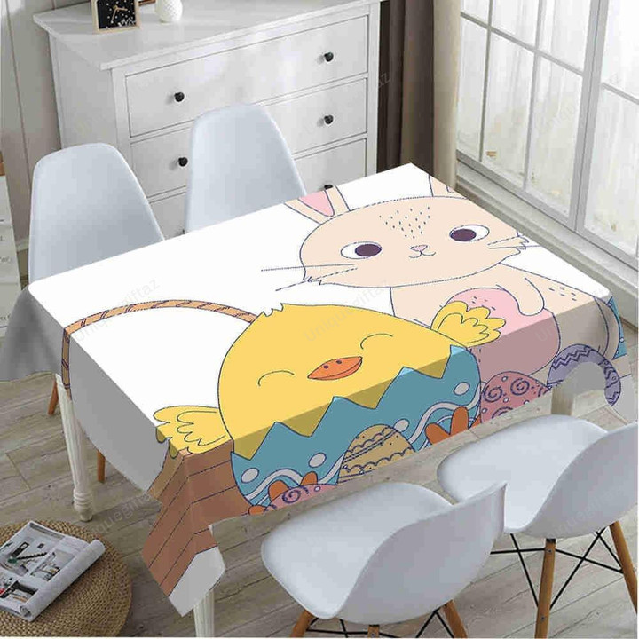 Happy Bunny And Chick Hand Drawn Cartoon Pattern Tablecloth Home Decor