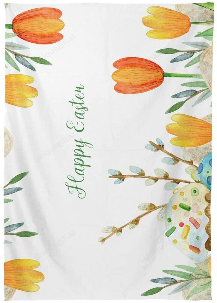 Happy Easter Tulip Flower Colored Eggs Watercolor Art Tablecloth Home Decor