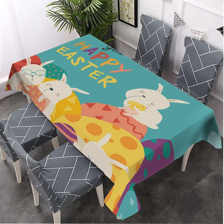 Cute Bunny On Colorful Eggs Cartoon Drawing Pattern Tablecloth Home Decor