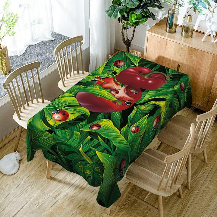 Green Plant Ladybug With Tomato Rectangle Tablecloth Home Decoration