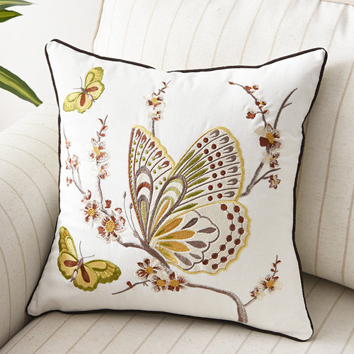 Flower, Bird And Butterfly Embroidery Cushion Cover