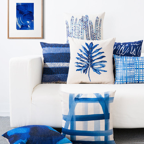 Luxury Mediterranean Blue Simple Cotton and Linen Throw Pillow.