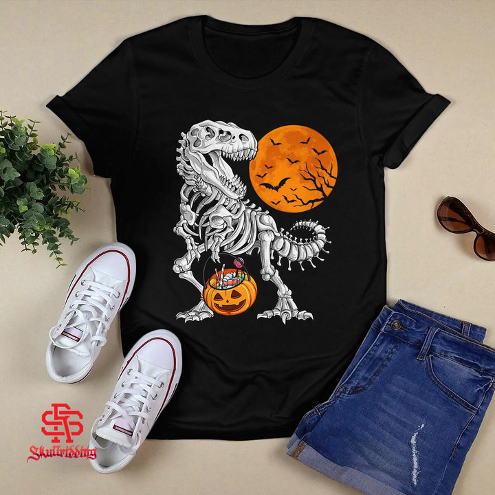 Halloween Boys Dinosaur Skeleton T rex Scary Pumpkin Moon T-Shirt