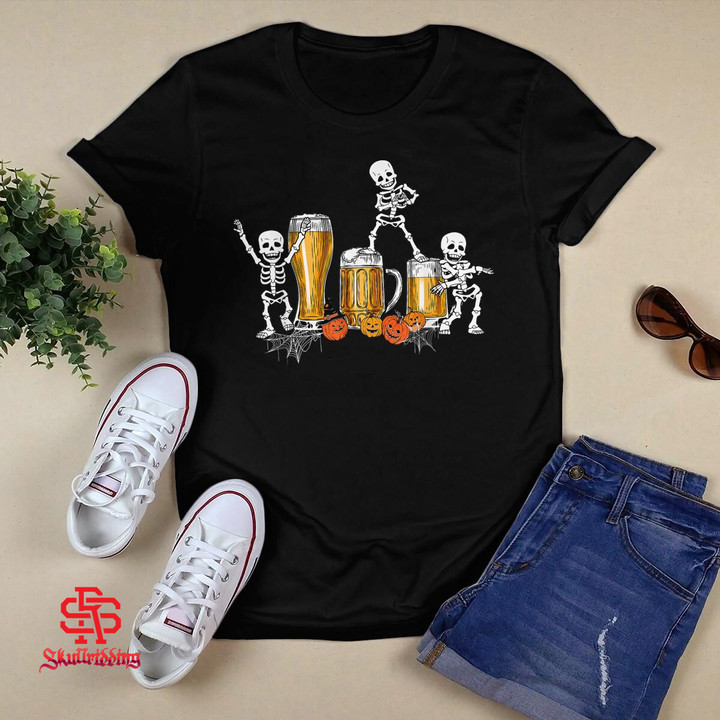 Happy Halloween Funny Skeleton Drinking Beer T-Shirt