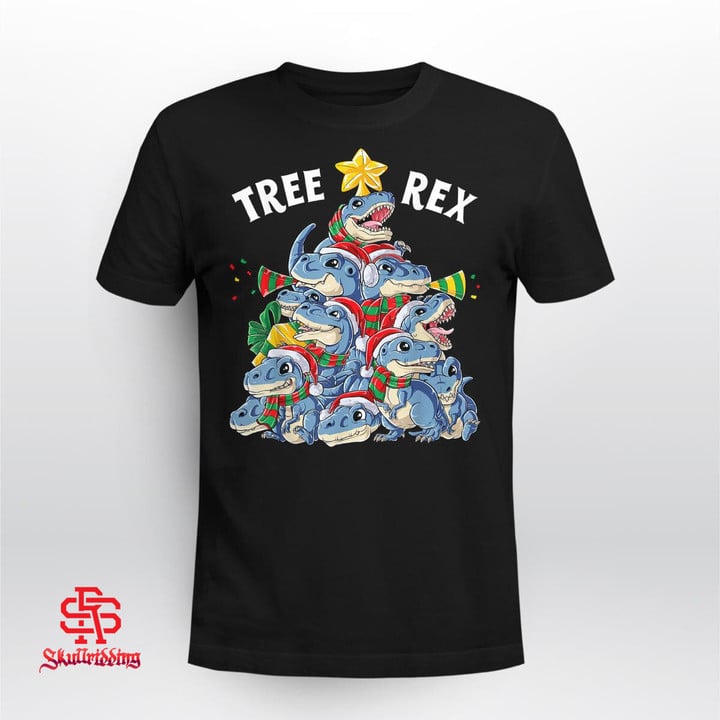 Christmas Dinosaur Tree Rex Pajamas Xmas Santa Hat T-Shirt