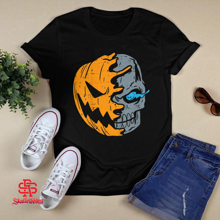 Half Skull Pumpkin Face Cool Scary Jack O Lantern Halloween T-Shirt
