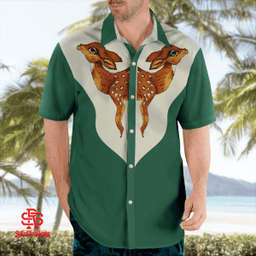 Tan France Blouse Embroidered Deer Green Short Sleeve Button Up