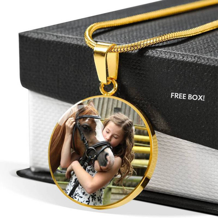 Personalized Photo Circle Pendant horse girl Luxury Necklace Steel/Gold Chain, Best Gift Idea, Christmas gifts
