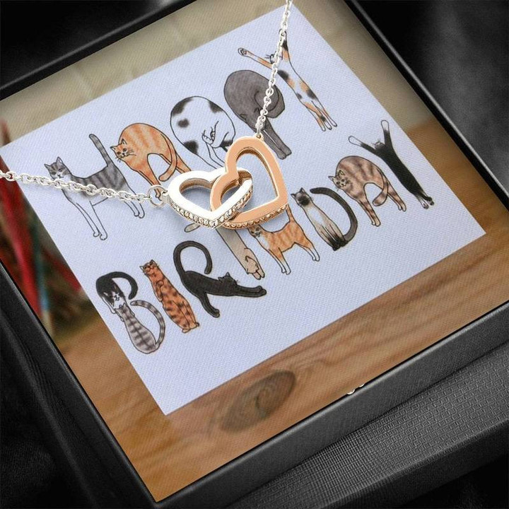 Happy Cats Birthday Interlocking Heart Necklace Silver Gold Chain, Best Gift Idea, Christmas gifts, Birthday gift