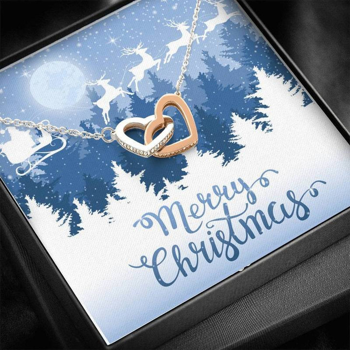 Merry Christmas Happy New Year Interlocking Heart Necklace Silver Gold Chain, Best Gift Idea, Christmas gifts, Birthday gift