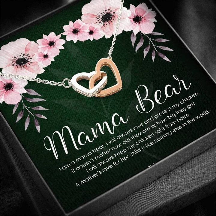 New Mom - Mama Bear Interlocking Heart Necklace Steel/ Gold Chain, Best Gift Idea, Christmas gifts