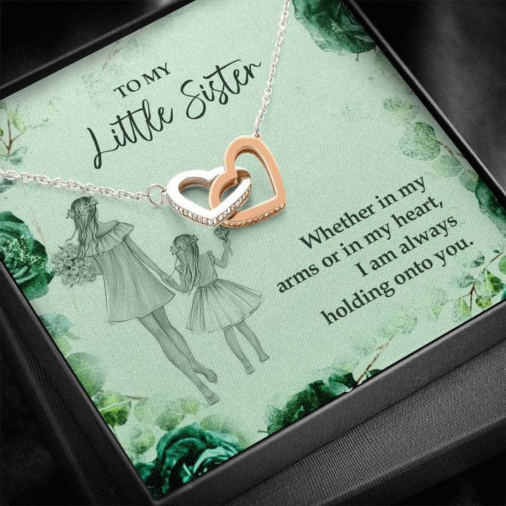 To My Little Sister: Holding Onto You. Artisan Zirconia Necklace (Made In USA) Interlocking Heart Necklace Silver Gold Chain, Best Gift Idea, Christmas gifts, Birthday gift