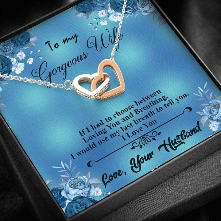 Best Gift FROM HUSBAND TO WIFE  with on Demand Message Card Interlocking Heart Necklace Steel/ Gold Chain, Best Gift Idea, Christmas gifts