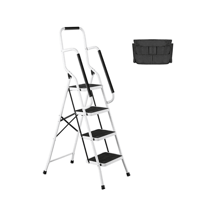 CharaHome 4-Step Folding Portable Ladder Steel Frame With Safety Side Handrails And Detachable ToolBag-Toolcent®