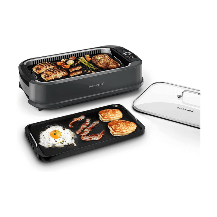 Techwood Indoor Grill Smokeless Grill, 1500W Indoor BBQ Electric Tabletop Grill with Tempered Glass Lid, Gray