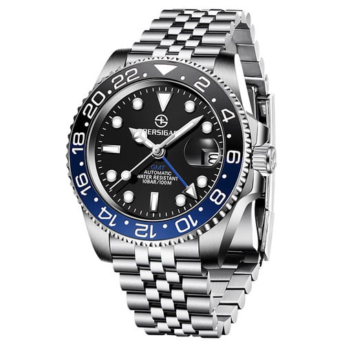 BERSIGAR New Luxury Men Mechanical Wristwatch Stainless Steel GMT Watch Top Brand Sapphire Glass Men Watches reloj hombre BG-1662
