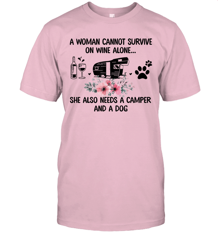 A Woman Cannot Survive On Wine Alone Camper And A Dog Shirt