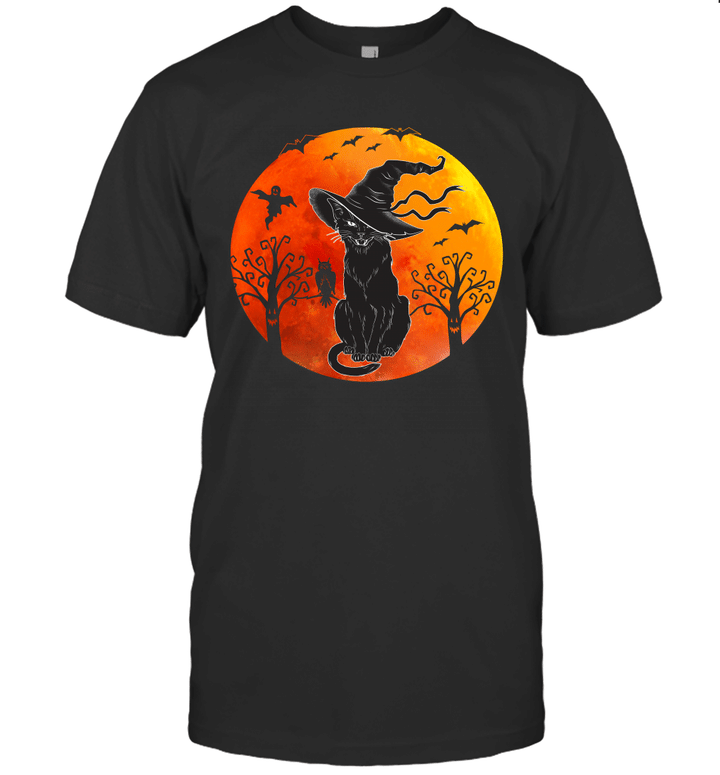 Black Cat With Witch Hat Retro Sunset Shirt Funny Halloween Gifts